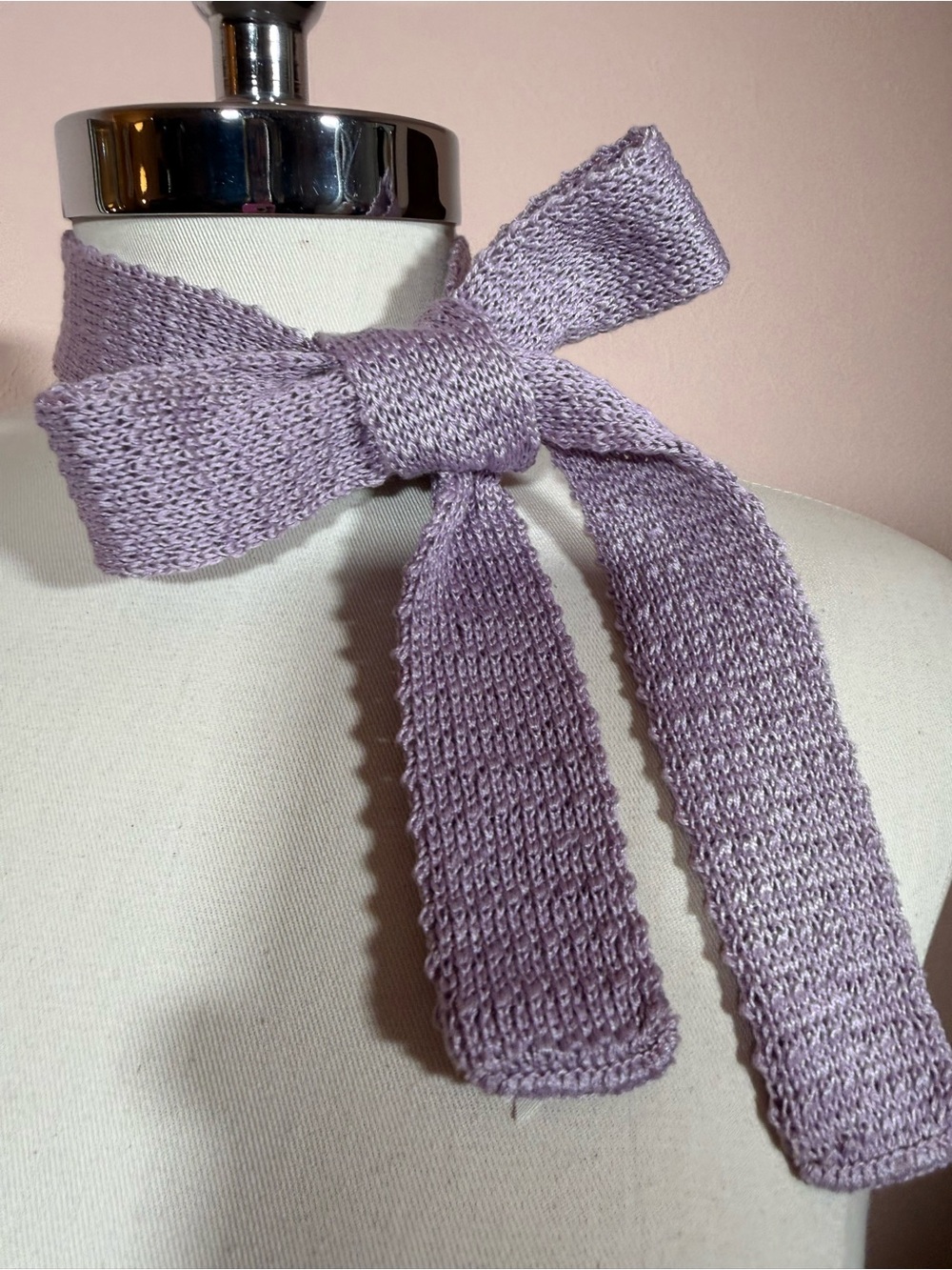 Vintage Lavender cotton Knit crochet Skinny Bow neck scarf